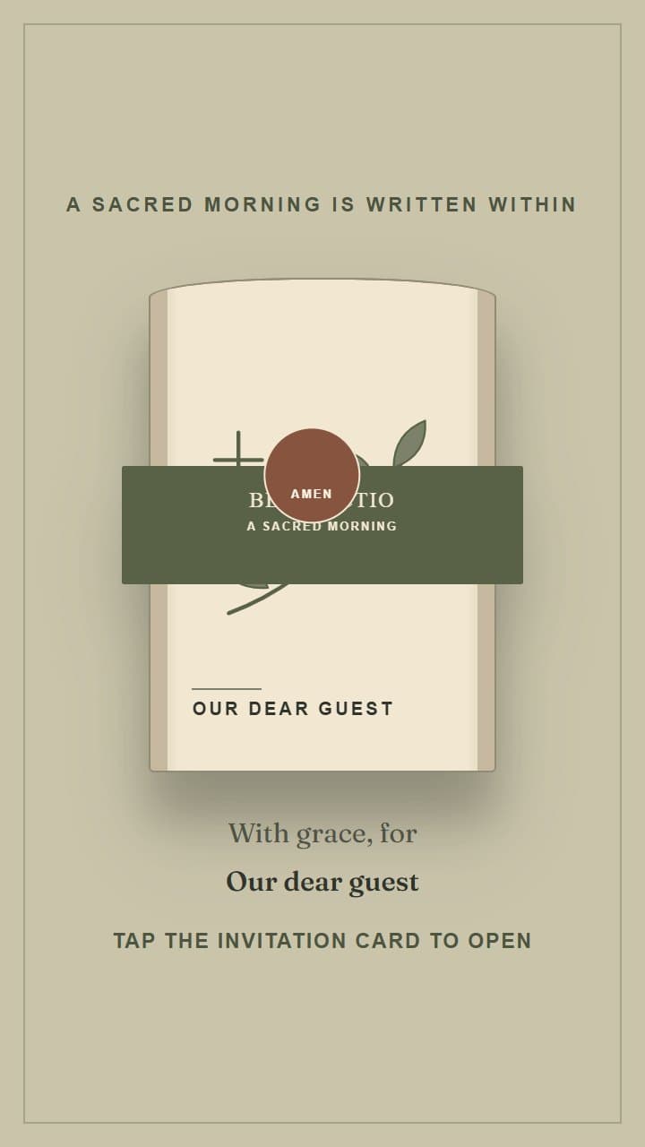 Olive Benediction, a christening invitation design in Invitica's ecclesial manuscript style